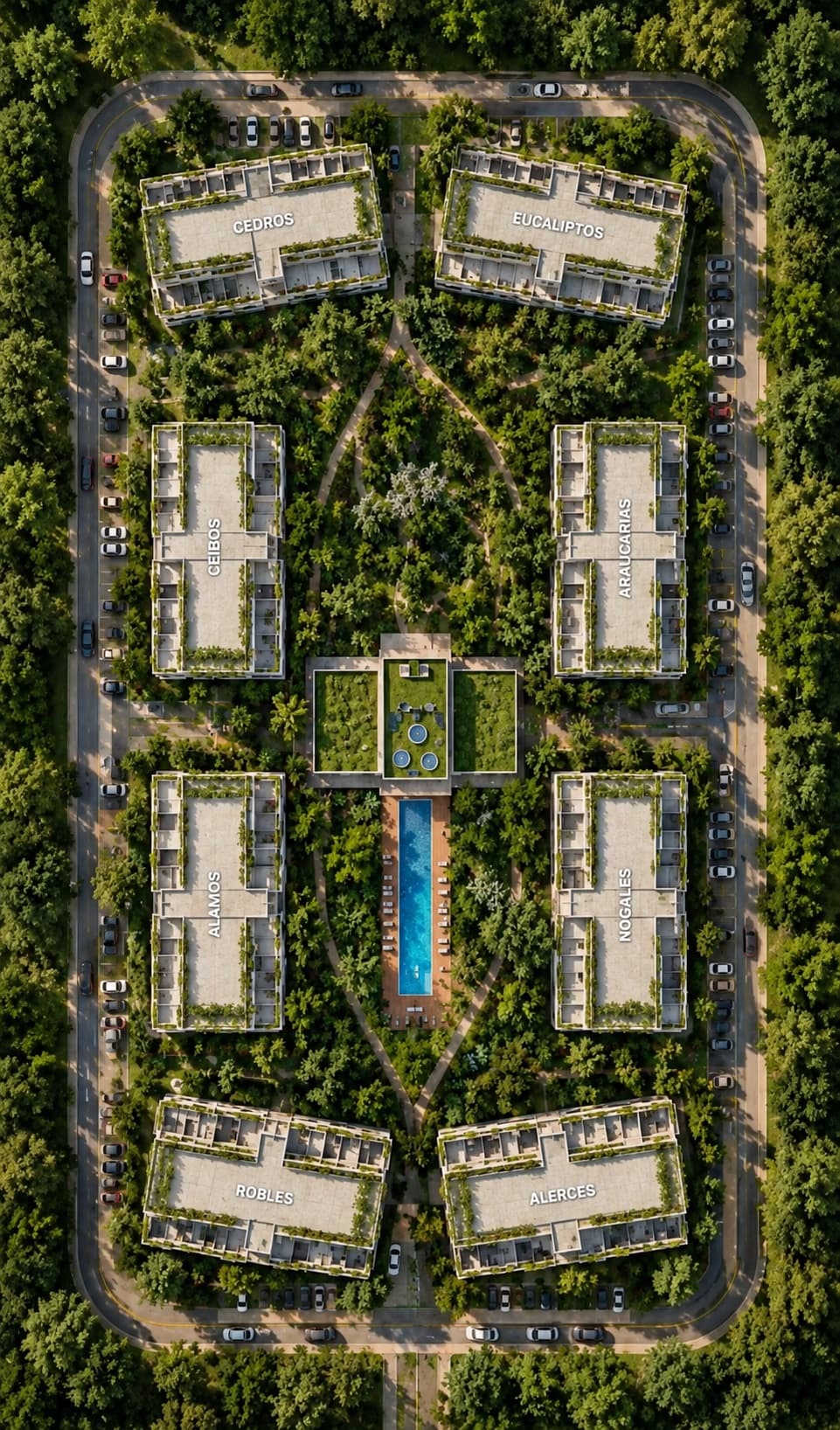 Render aéreo del masterplan de Bosque Tortugas con los ocho módulos alrededor de la pileta central