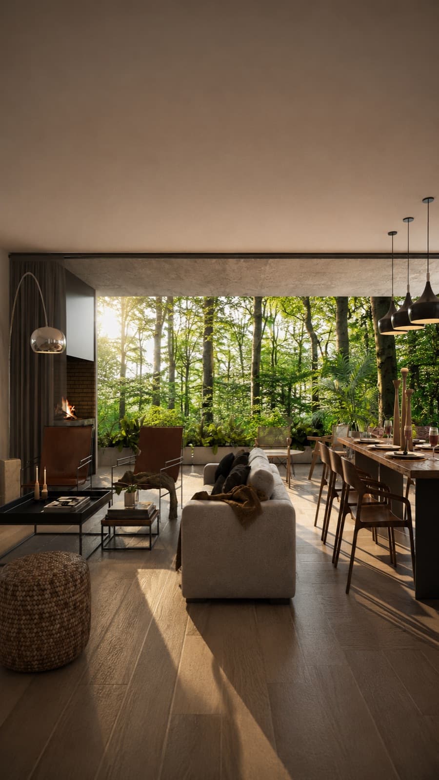 Living comedor con ventanales de piso a techo al bosque nativo