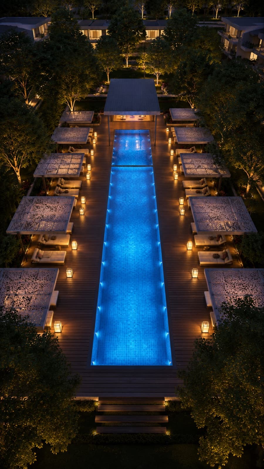 Vista aerea de la piscina y los modulos residenciales rodeados de bosque nativo