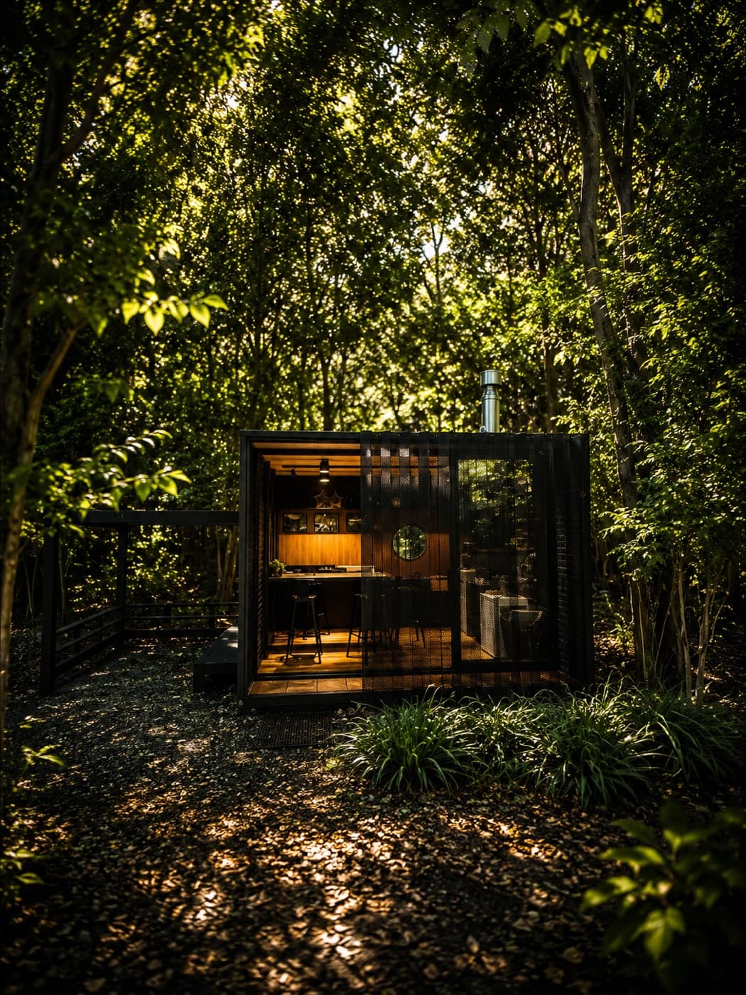 SUM Box iluminado al atardecer, integrado al bosque nativo