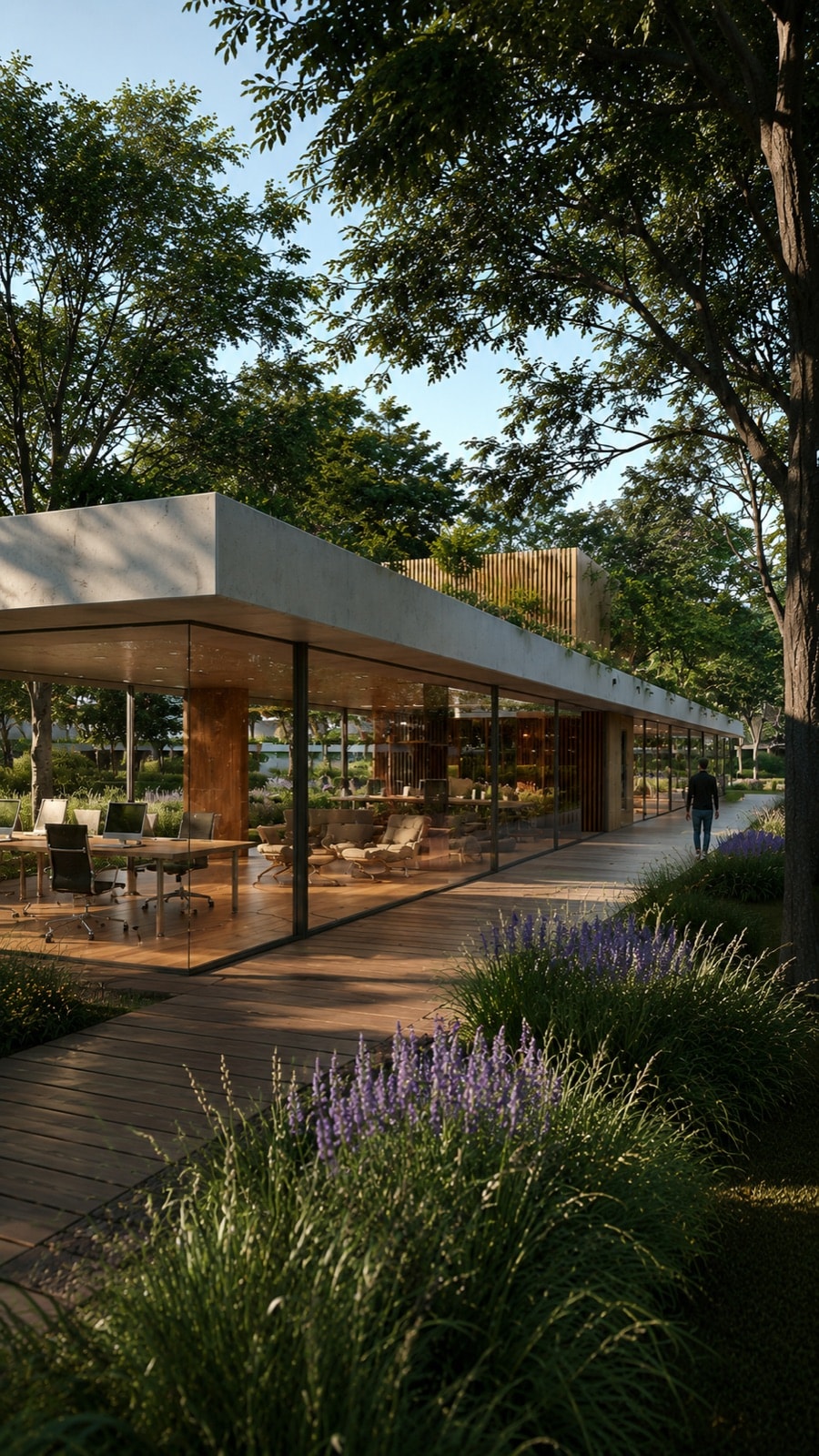 Pabellon de coworking vidriado con deck de madera integrado al paisaje