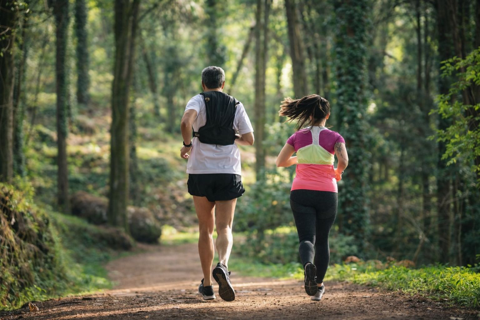 Pareja corriendo por sendero en el bosque nativo