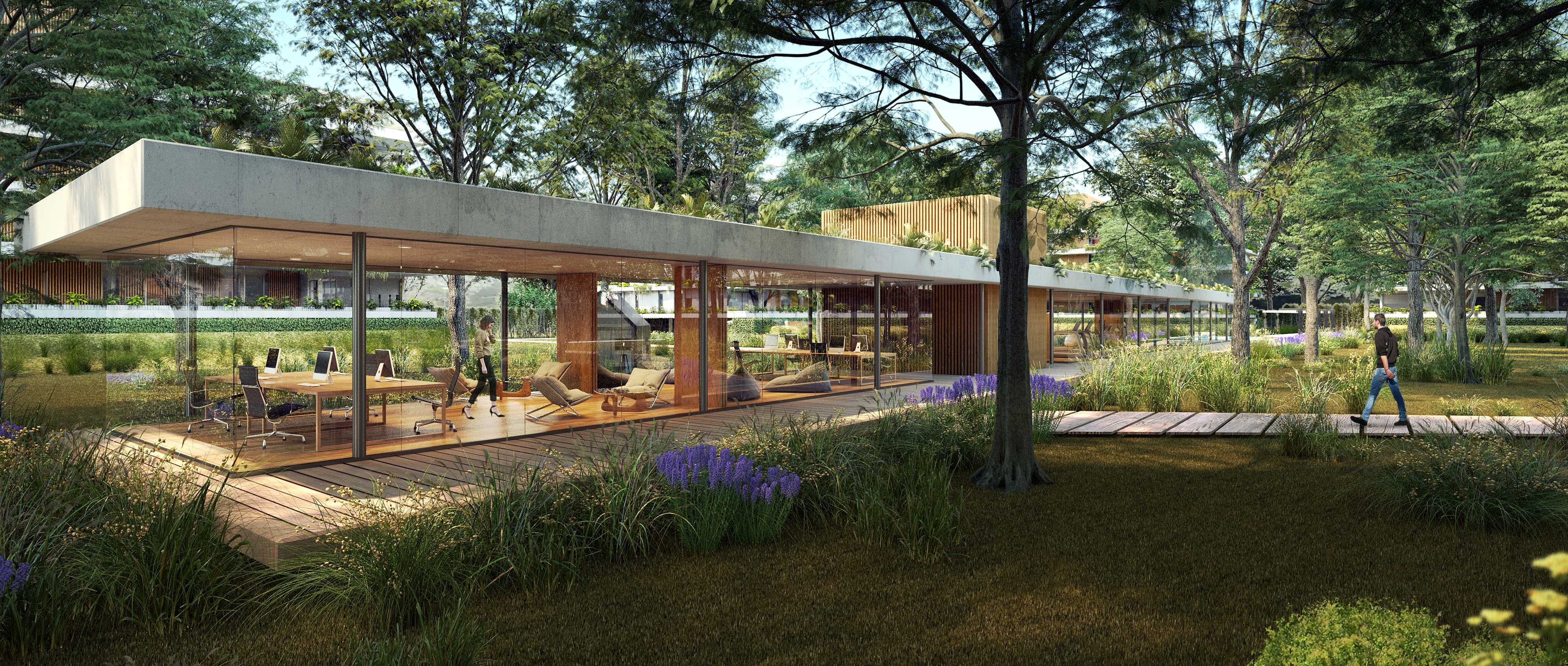 Pabellon de coworking vidriado con deck de madera integrado al paisaje