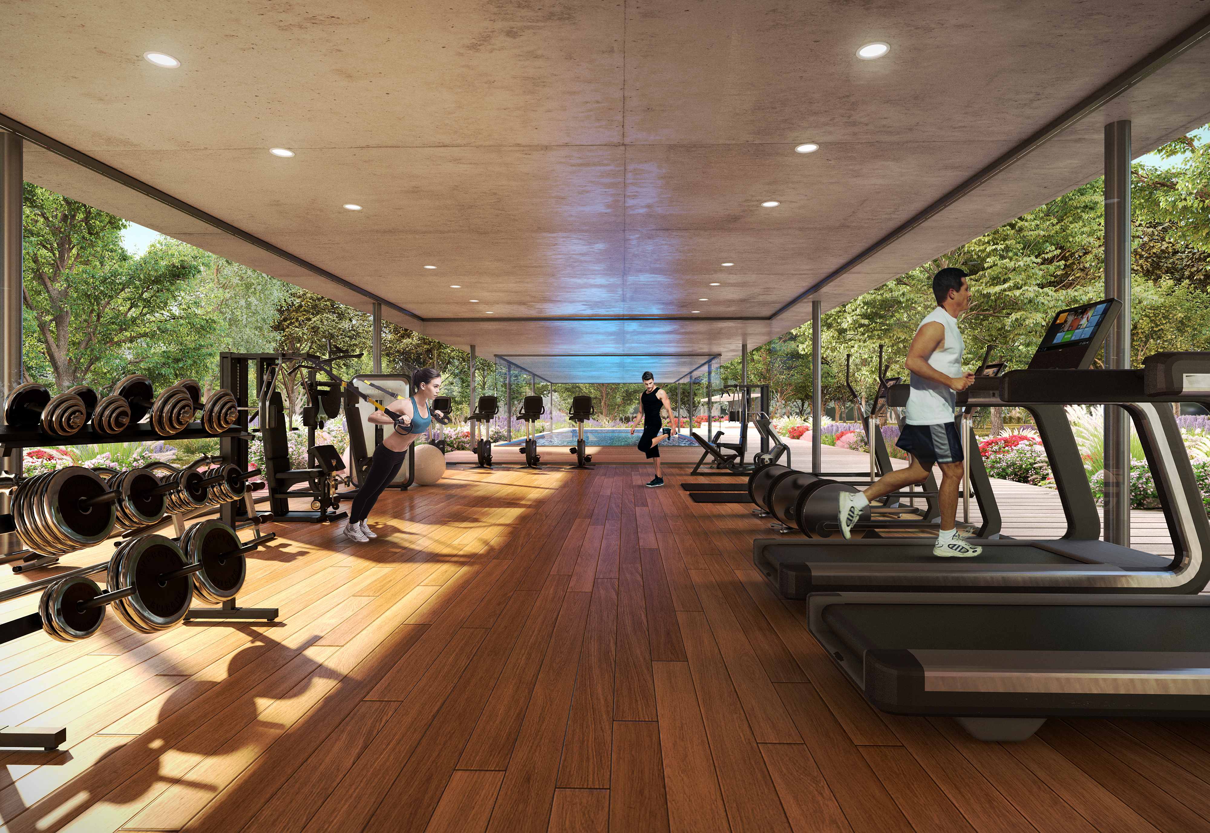 Gimnasio completamente equipado con maquinas de entrenamiento y vista al bosque