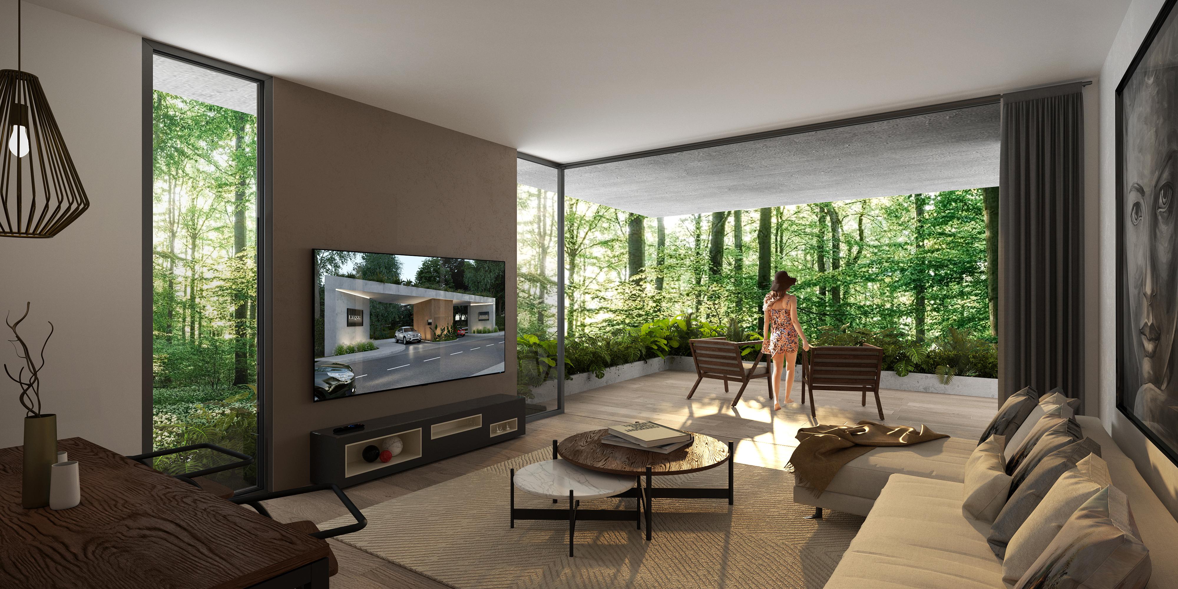 Living moderno con terraza abierta al bosque y muebles contemporaneos